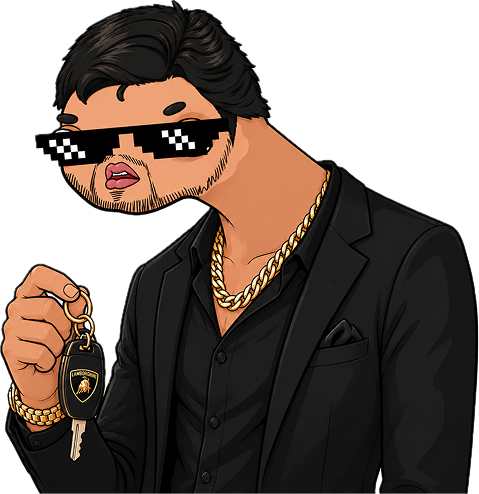 Rich degen with sunglasses, gold chain and Lamborghini keys